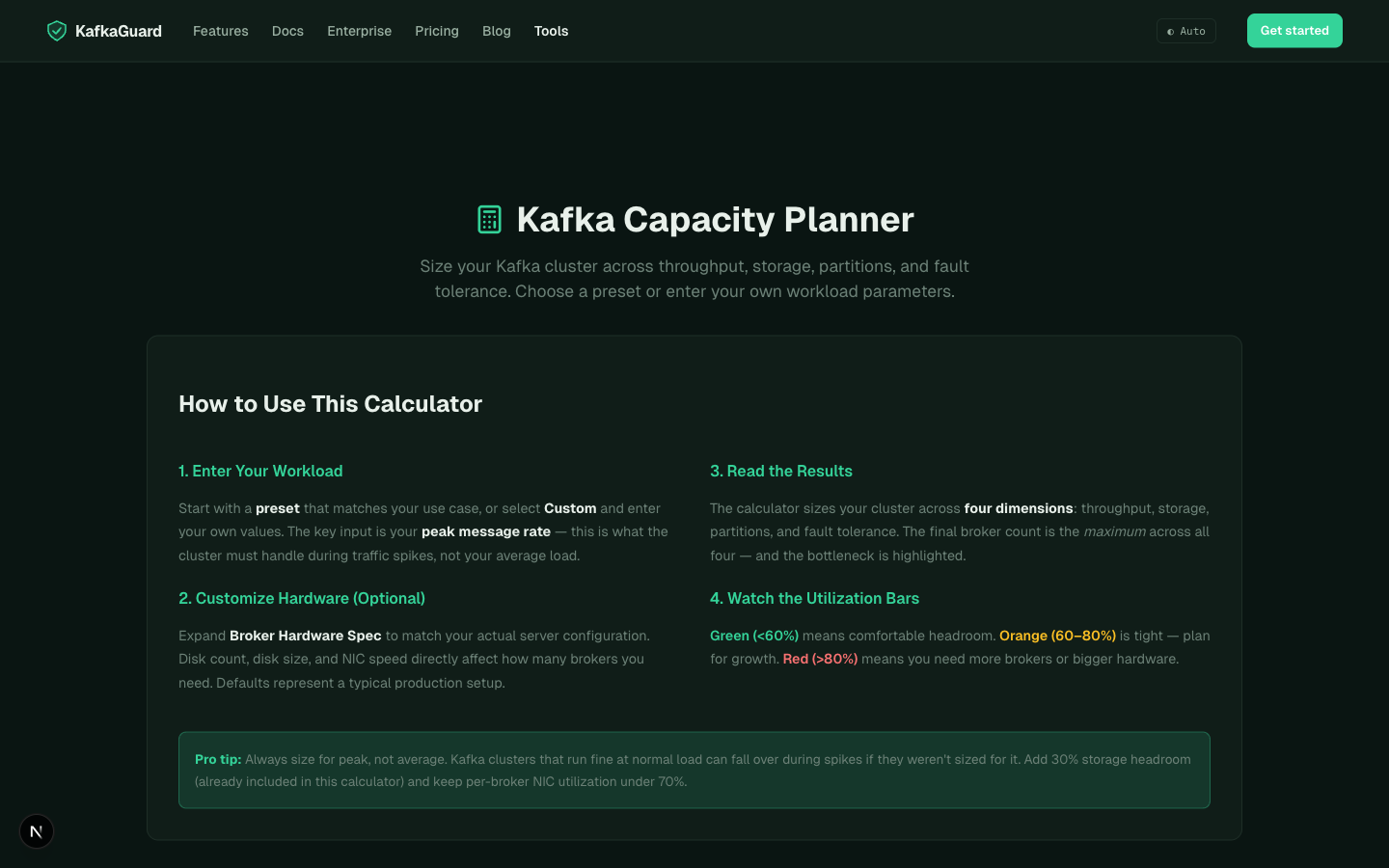 Kafka Capacity Planner — Stock Exchange preset showing 7 brokers needed with storage bottleneck, utilization bars, and per-broker hardware spec